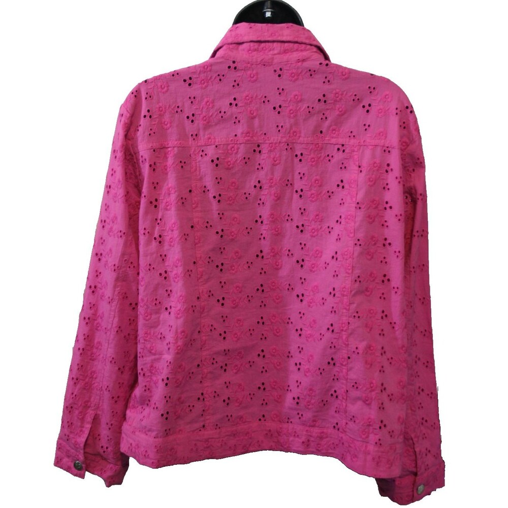 Colleen Lopez Cotton Eyelet Button Up Jacket Pink Fuchsia Women Lightweight Lg - Picture 3 of 10